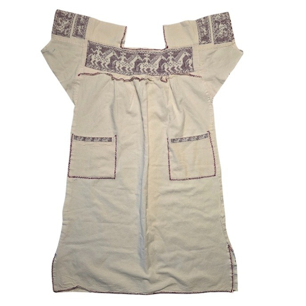 Vtg Mexican Huipil Dress Hand Embroidered Horse on Rider‎ Oaxacan Tunic Pockets